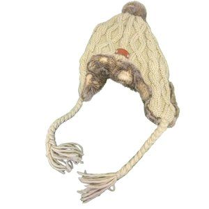 Aran Tradition Winter Hat Cream Cableknit Faux Fur Band Trapper Hat